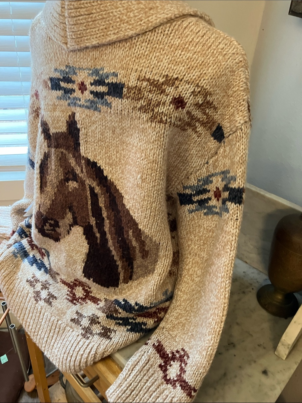 Lucky Brand Neutral & Rust Knit Cardigan Mexican Design Horse Fab Back!! L - Picture 9 of 11